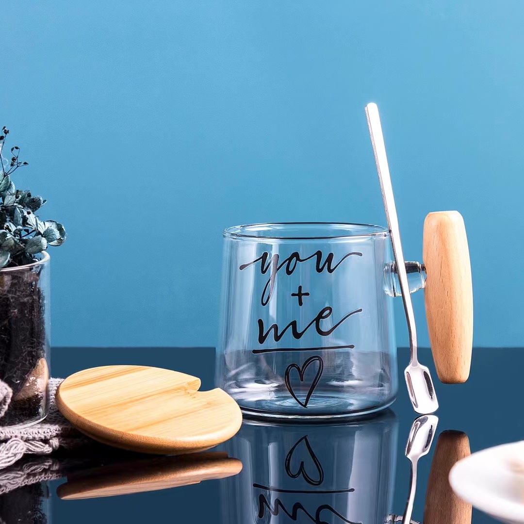 Estilo nórdico personalidad creativa mango de madera taza de vidrio con tapa cuchara Oficina taza de beber regalo inglés taza de café