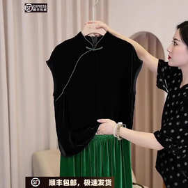 新中式国风复古盘扣黑色上衣女2025夏季薄款轻奢小众优雅小衫
