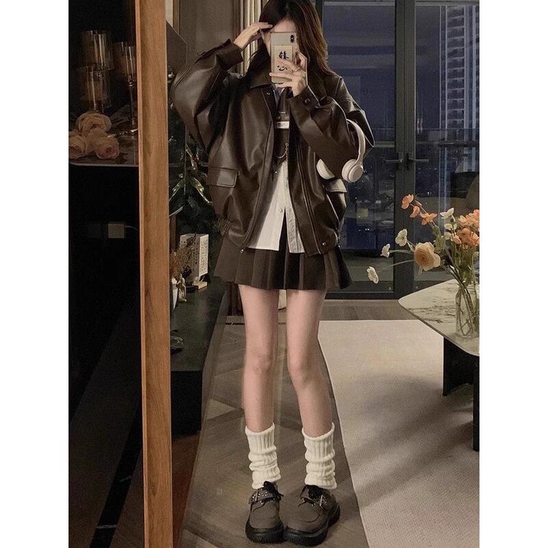 Retro Style Brown Leather Jacket Short Style Spring and Autumn Petite Korean Style Loose Leather Jacket Handsome Biker Jacket