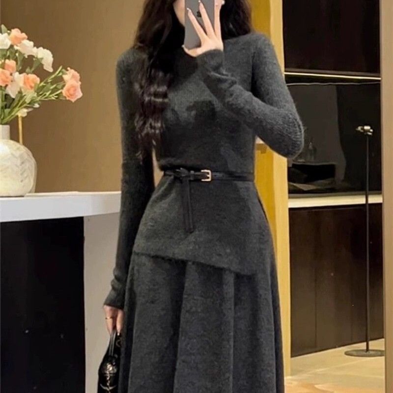 Dress, Autumn Korean Style Set, Winter Tea-Style Long Dress, New Style for Petite People, French Style, Black and Gray Dress, Autumn Korean Style Set, Winter Tea-Style Long Dress, New Style for Petite People, French Style, Black and Gray