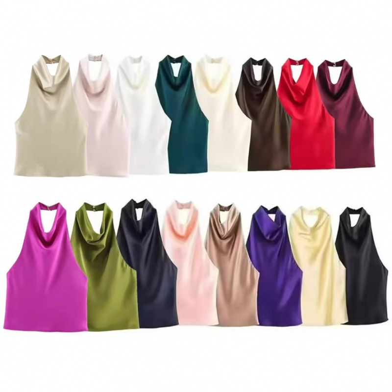 Za Cross-Border Foreign Trade European and American Style Women's Clothing Ins Internet Celebrity Hot Fashion Silk Satin Texture Halter Neck Tank Top Za Cross-Border Foreign Trade European and American Style Women's Clothing Ins Internet Celebrity Hot Fashion Silk Satin Texture Halter Neck Tank Top