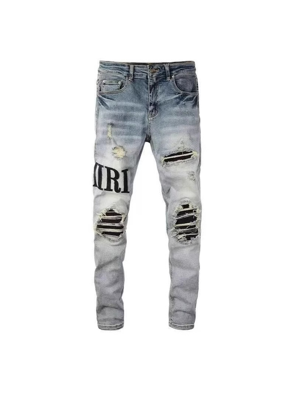 Amiri High Street Hole Patch Slim Fit Jeans Men's 2024 Spring and Summer New Amiri Stretch Pants