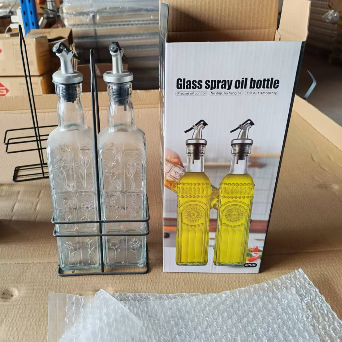 Botella de aceite de vidrio cuadrada a prueba de fugas de cocina grande botella de aceite de vinagre botella de vino botella de spray con marco de hierro