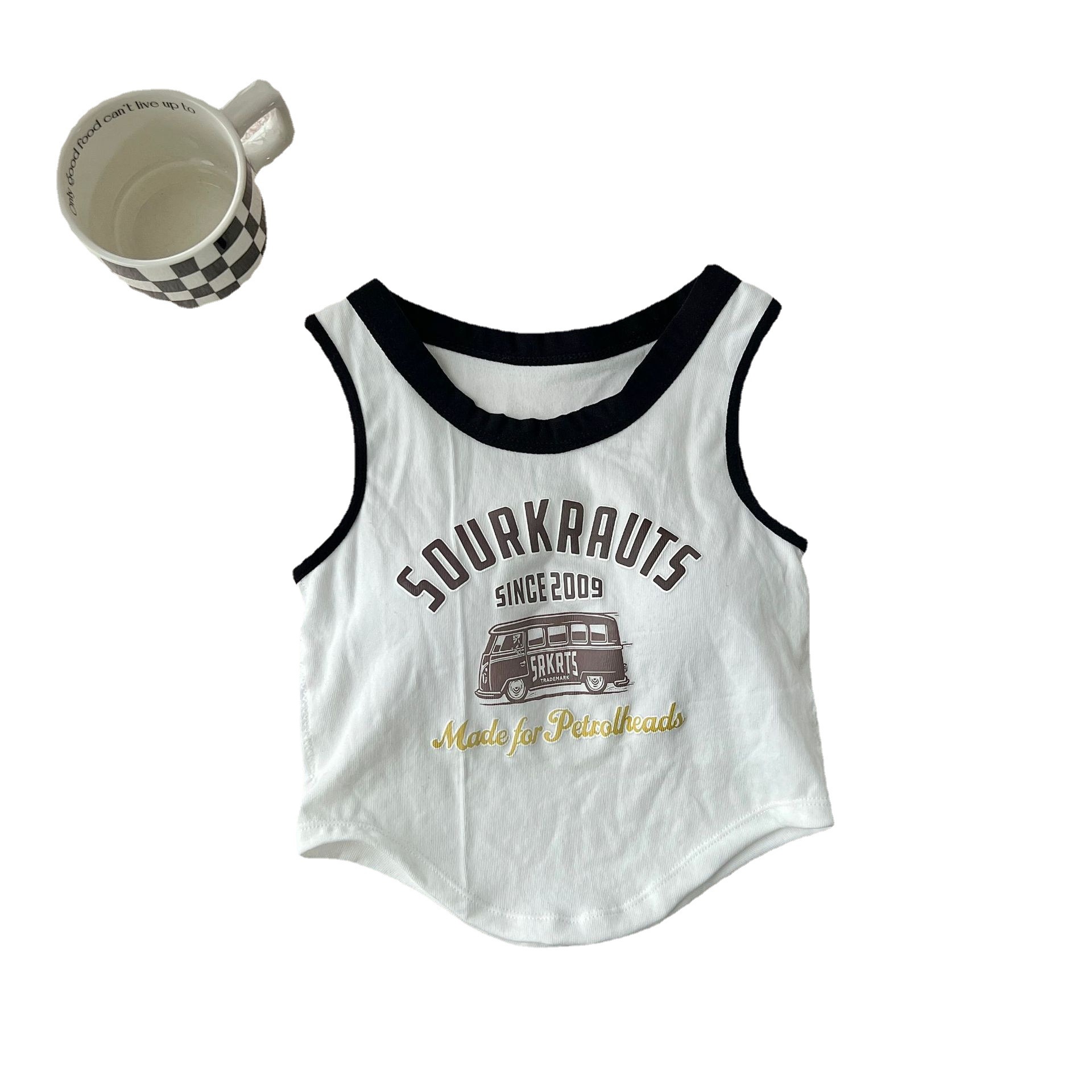 Nuevo estilo coreano letra camisola de las mujeres slim fit adelgazar desgaste exterior americano impresión contraste color corto de una pieza superior