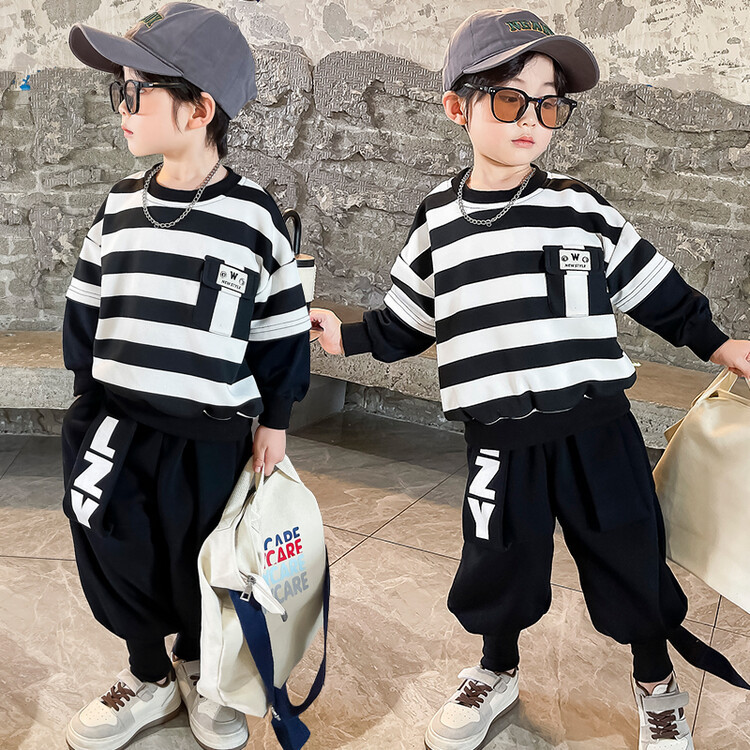 Suéteres de rayas para niños, botas, pantalones, ropa de primavera y otoño, nuevo conjunto de dos piezas moderno y moderno para niños,_voghion.com