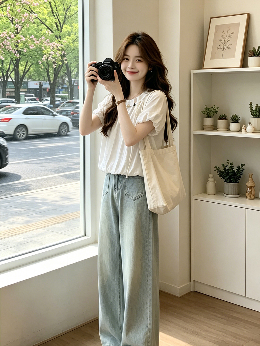 Áo thun nữ tay ngắn cổ tròn chất liệu chiffon phối cườm tay bồng — màu xanh nhạt