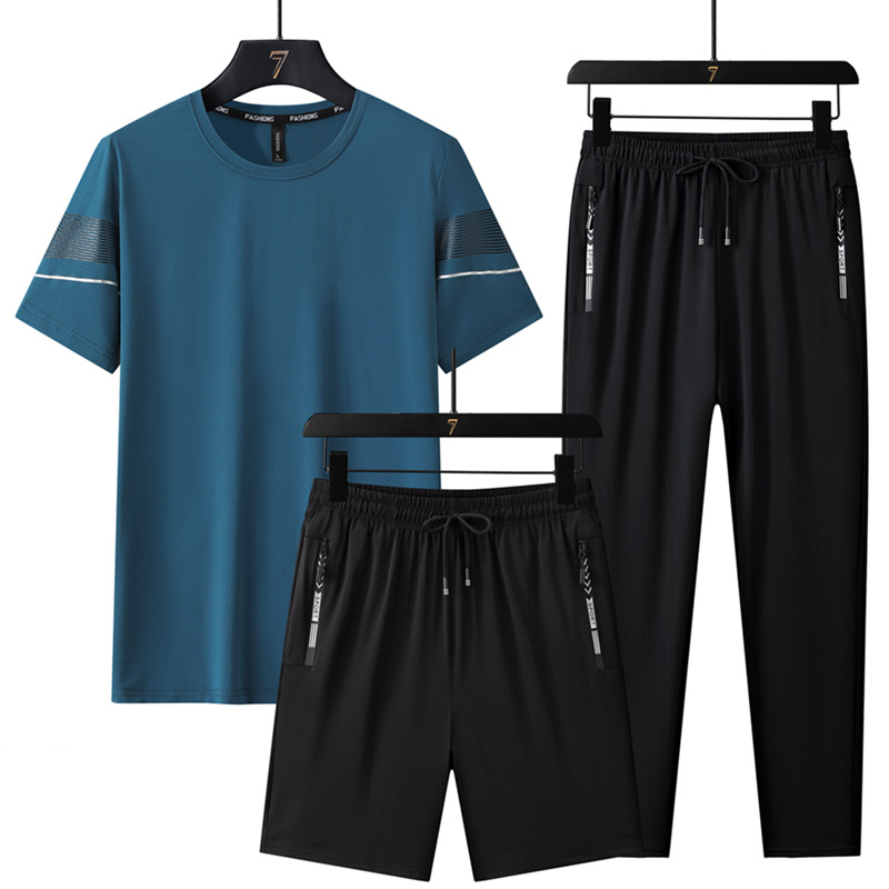 Trajes deportivos de seda de hielo de verano para hombres, mangas cortas, pantalones cortos, pantalones largos, carreras casuales, secado rápido, delgado, conjunto de tres piezas al por mayor