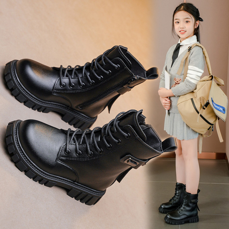 Children's Boots, Girls' Short Boots, Autumn and Winter 2025 New British Style Single Boots, Medium and Large Kidsren's Fleece-Lined Little Girls' Leather Boots