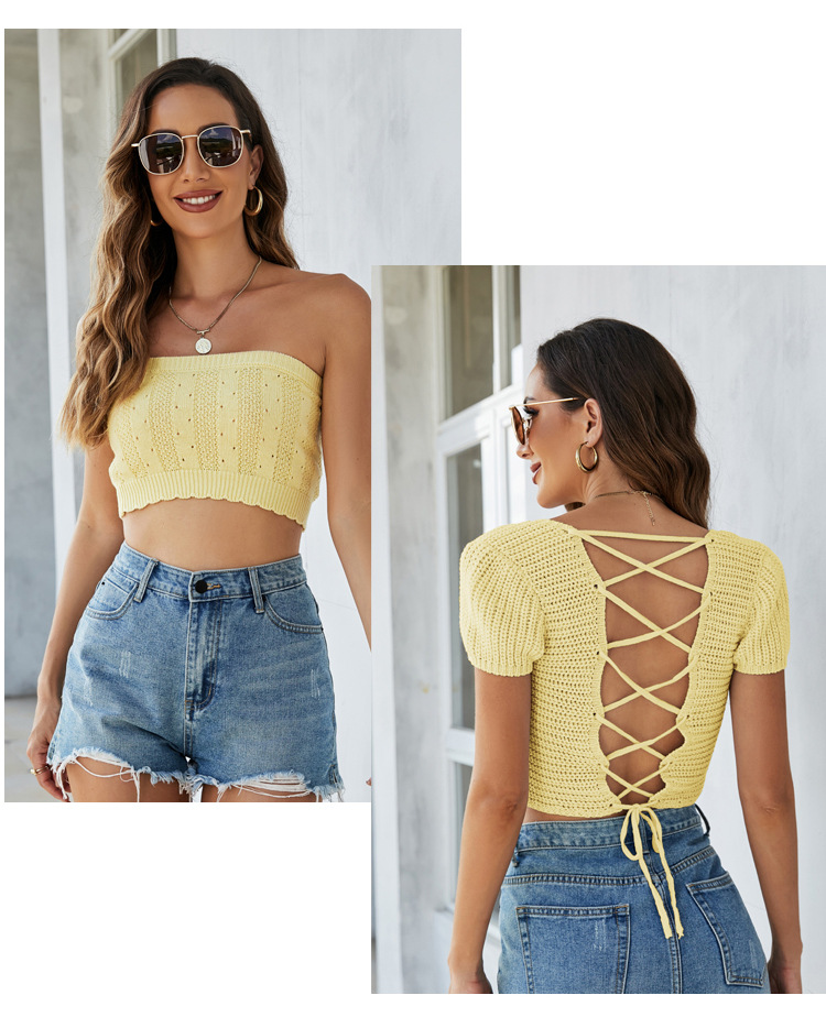 Short Cropped Knitted Hollow Open Back Short-Sleeved Knitted Top NSYH97052