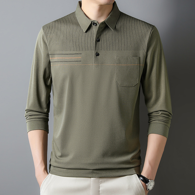 Otoño camisa de fondo superior delgada de manga larga para hombres jóvenes y de mediana edad solapa bolsillo real camiseta casual papá hombres