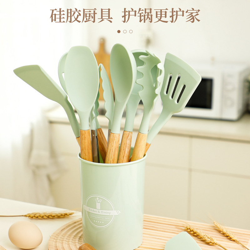 现货木柄硅胶厨具套装不粘锅耐高温硅胶厨具12件套家用烘焙工具|undefined