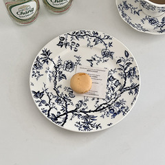 I6CV Ancient Chinese Style Ceramic Plate French Retro Blue and White Dessert Plate Salad Plate Breakfast Plate Afternoon Tea Cake Plate