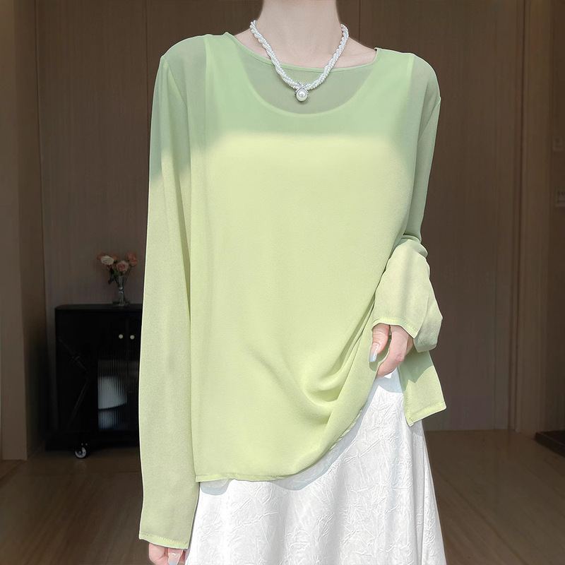 Cross-Border 2025 New Niche Design Georgette Sexy Slightly See-Through Blouse Fashionable Versatile Round Neck Light Air Conditioner Cross-Border 2025 New Niche Design Georgette Sexy Slightly See-Through Blouse Fashionable Versatile Round Neck Light Air Conditioner