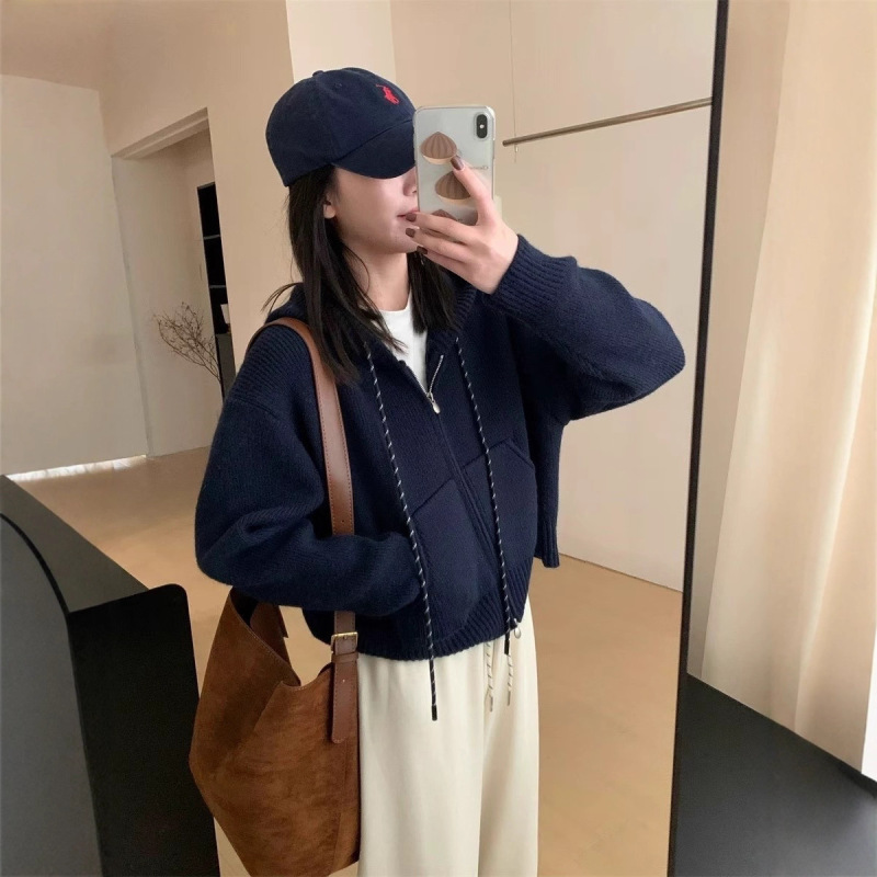 气质休闲连帽加厚短款开衫2025秋冬新款韩版淑女风显瘦上衣针织衫|undefined