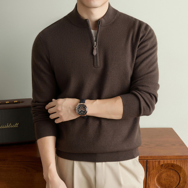 10A Antibacterial Men's Sweater with Zipper and Stand Collar, Solid Color, for Middle-Aged Men, Wool-Blend, Warm, Base Layer Knitwear, Men's Export Product