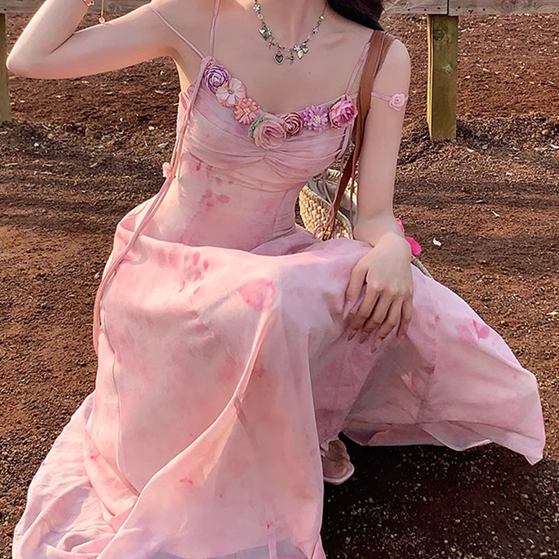 24SS粉色花朵长款v领收腰吊带a字连衣裙女夏季法式小众气质裙子潮