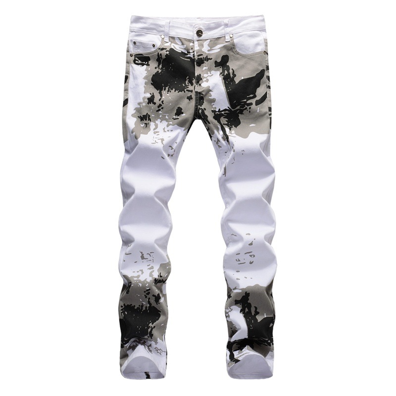 Europa y América del verano blanco camuflaje impreso stretch pequeño straight slim fit moda Pantalones largos vaqueros de los hombres