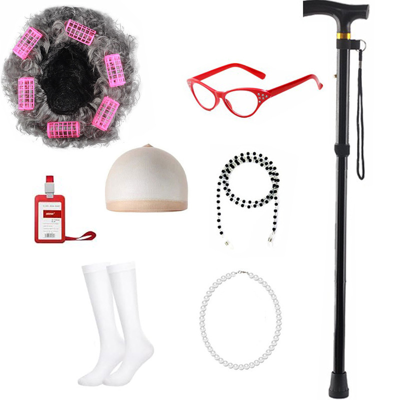Halloween Cos 100 Days of School Grandma Wig Middle-Aged and Elderly Grandpa and Grandma Short Curly Hair Dress up Set