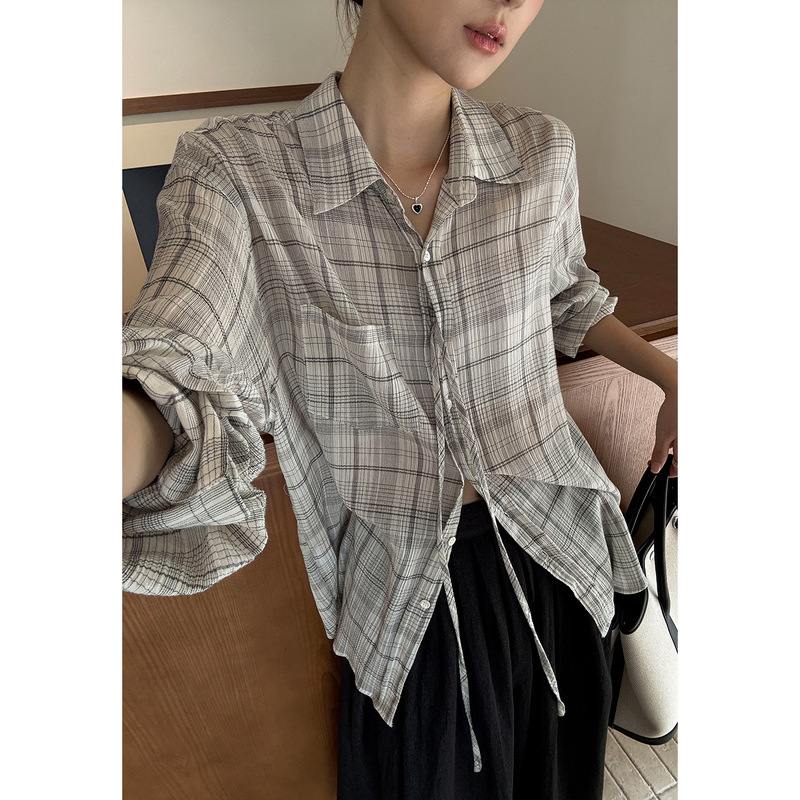 Women's vintage-style plaid shirt with tie, 100% cotton, autumn, pocket, turn-down collar, single-breasted, loose fit, YE0250 Women's vintage-style plaid shirt with tie, 100% cotton, autumn, pocket, turn-down collar, single-breasted, loose fit, YE0250