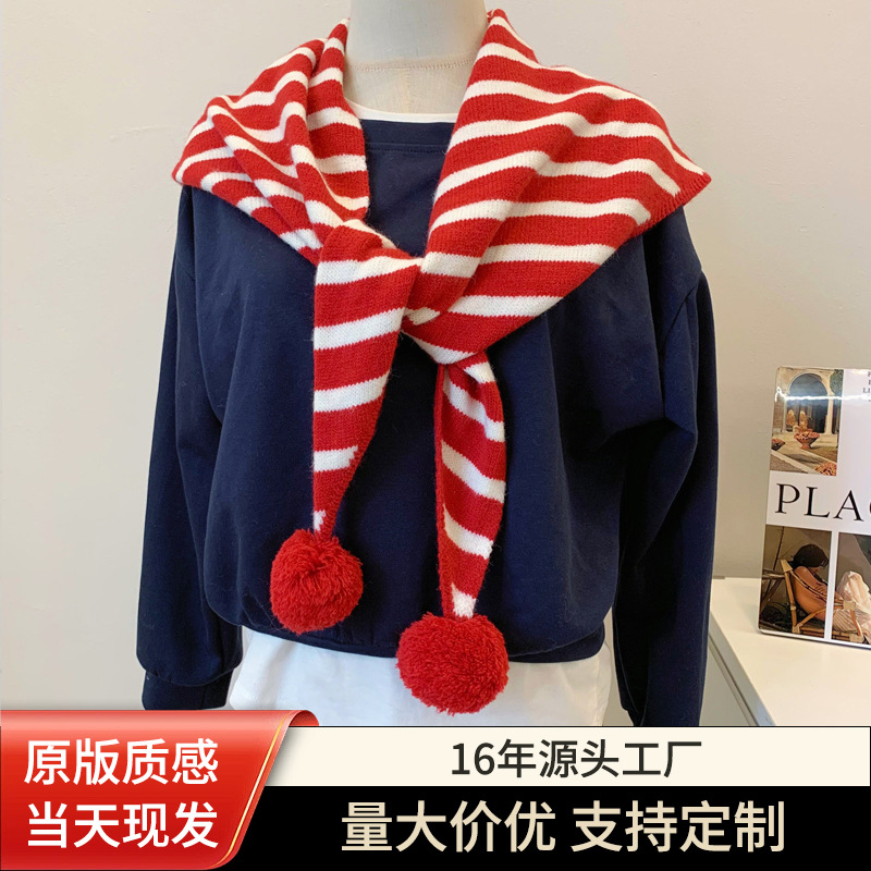 港风复古红色针织条纹毛球三角围巾披肩女圣诞时髦保暖围脖配饰冬
