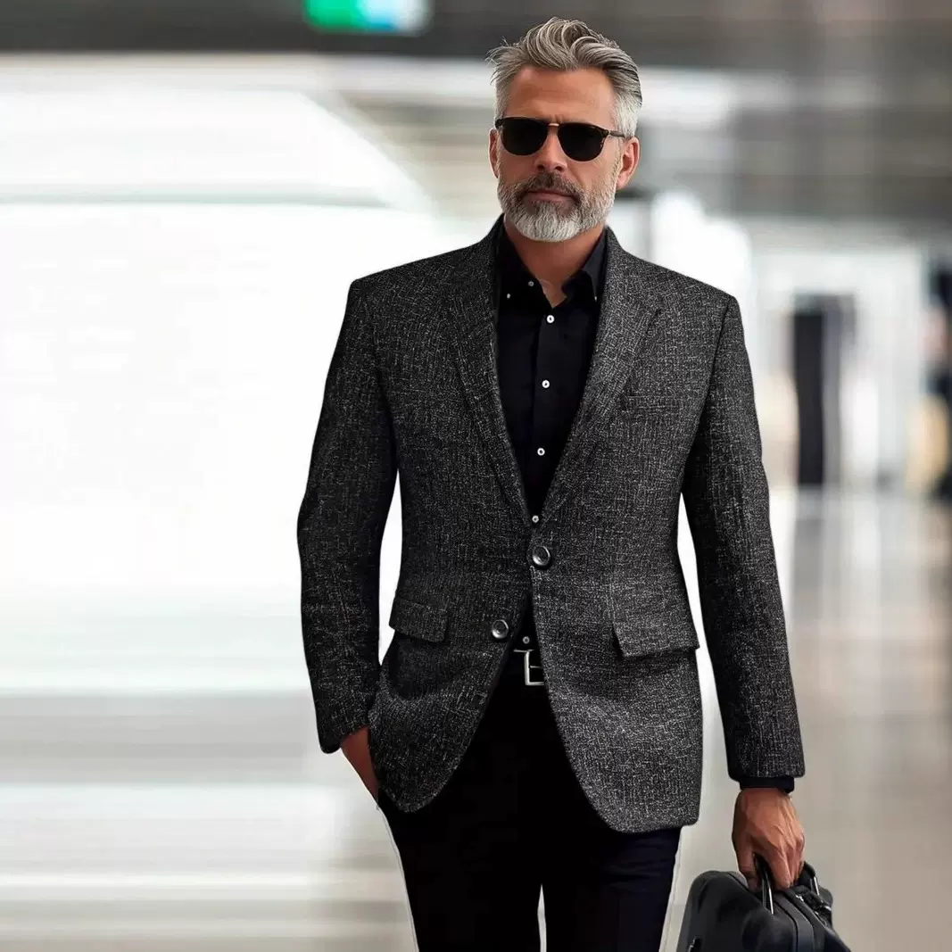 2025男士春秋季商务休闲西装外套单排扣夹克轻质涤纶翻领西装外套