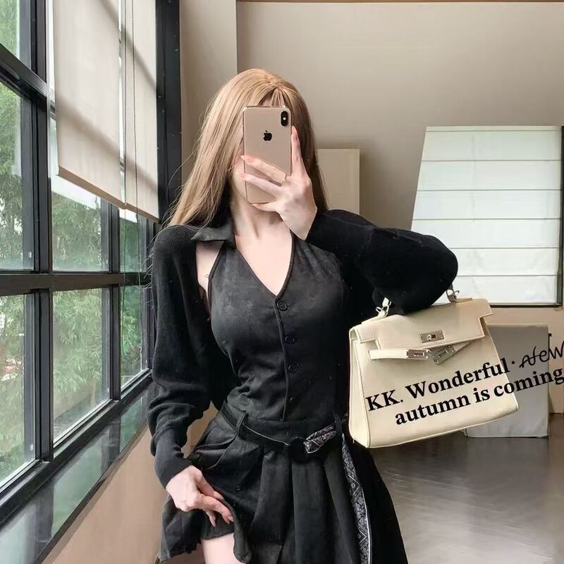 辣妹25美拉德穿搭秋季新款气质显瘦无袖背心连衣裙女配腰带开衫|undefined