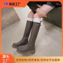 鞋子英伦复古皮带扣高筒骑士靴小个子厚底长筒靴加绒粗跟长靴女潮
