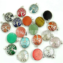 外贸热销 天然石水晶玛瑙圆形合金发财树生命树吊坠项链首饰配饰