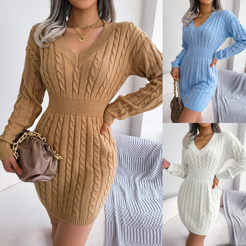 Ins-style actual photos fall/winter European and American fashion belted cabled bodycon maxi dress Amazon cross-border women's clothing