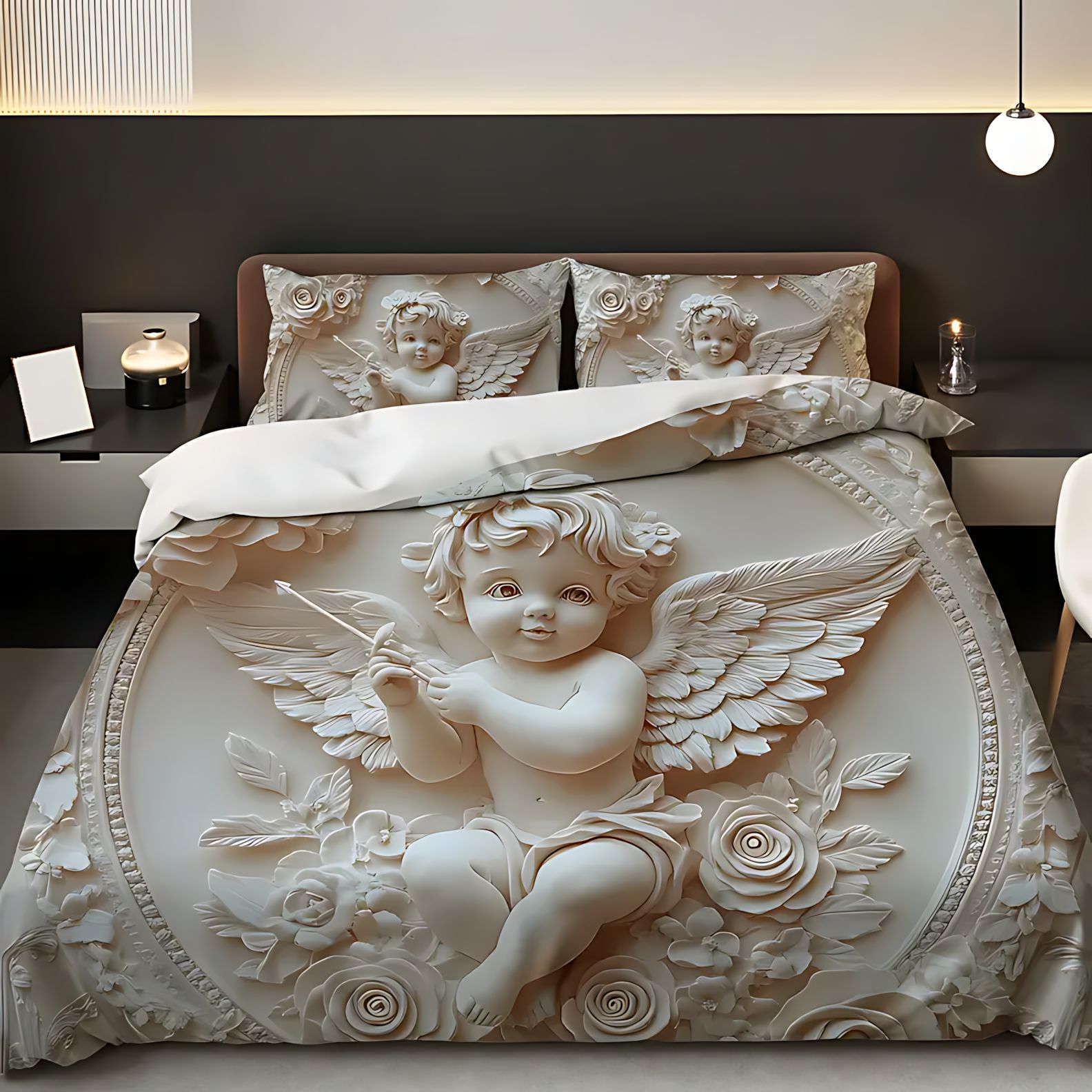 TEMU / JIT Cross-border nuevo diseño de relieve de ángel rosa impresión digital 3D colcha de colchón conjunto de almohada