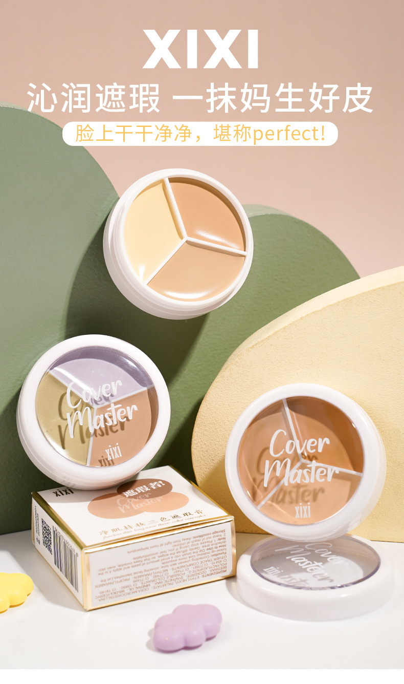 Makeup xixi Cleansing and Holding three-color Concealer for facial coverage of spots, acne marks, tear troughs and dark circles details Picture