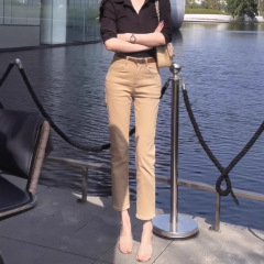 老钱风窄版卡其色九分直筒牛仔裤女2025夏季新款高腰弹力烟管裤子