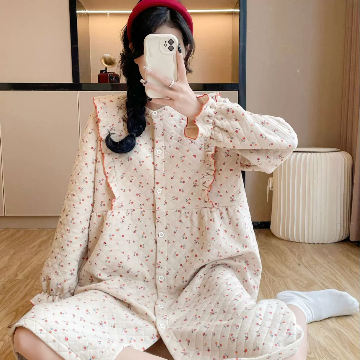 秋冬季纯棉三层空气棉夹层长袖睡衣女士月子服全棉保暖哺乳家居服