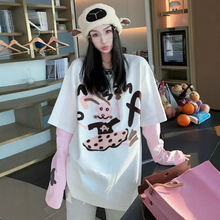 2025春季新款中长款打底衫批发兔子本命年ins宽松假两件长袖t恤女