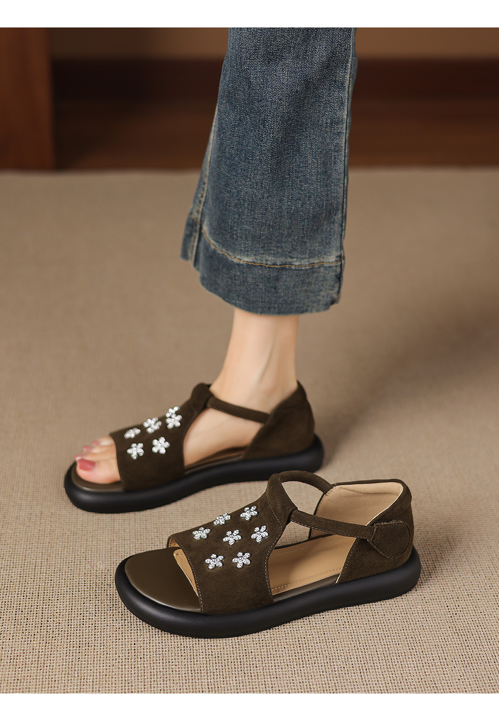 Sandal nữ hở mũi đế dày da cừu đính hoa đá — Màu xanh da trời chi tiết 12