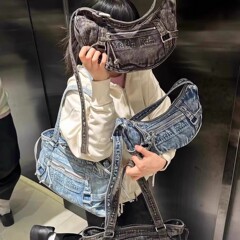 韓国マティンキムレディースバッグ 2025 新しいウォッシュレトロオールドクロワッサンショルダーデニムトートバッグ