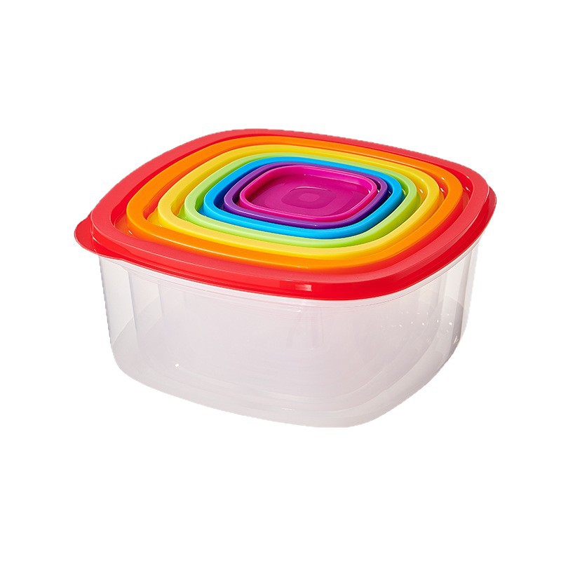 Caja de almacenamiento de plástico redonda arcoíris caja de almacenamiento de refrigerador de siete piezas caja de almacenamiento de alimentos caja de almuerzo de microondas caja de almuerzo