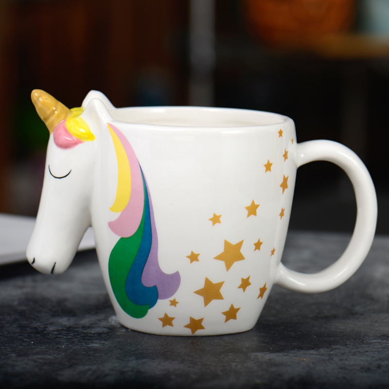 Taza de cerámica de unicornio transfronteriza taza de desayuno de leche arco iris taza de oficina de dibujos animados taza creativa para el hogar
