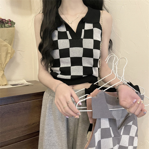 Checkerboard checkered sweater camisole women's summer 2024 short design niche sleeveless POLO collar top