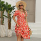 US Station Europe and America Amazon 2024 Summer Explosions Printed Vacation V-Neck Short Sleeve dress Women's in stock