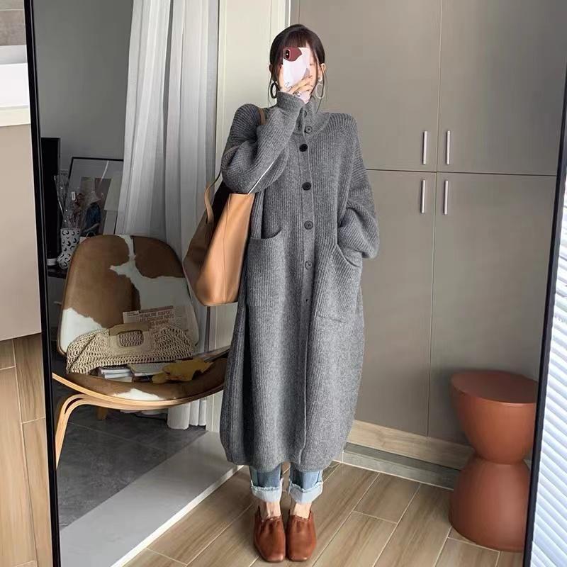 韩系慵懒风高领毛衣女单排扣纯色长袖针织开衫中长款外套女春秋|undefined