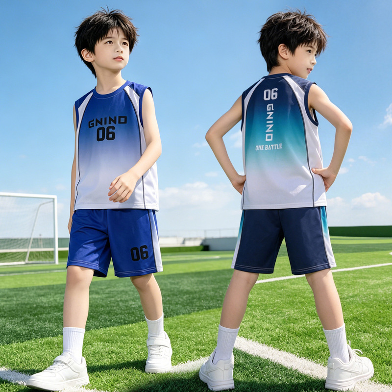 Boys' Summer Outfit 2026 New Style Ice Silk Sleeveless Basketball Uniform Quick-Dry Sports Vest and Shorts Two-Piece Set for Older Children Boys' Summer Outfit 2026 New Style Ice Silk Sleeveless Basketball Uniform Quick-Dry Sports Vest and Shorts Two-Piece Set for Older Children