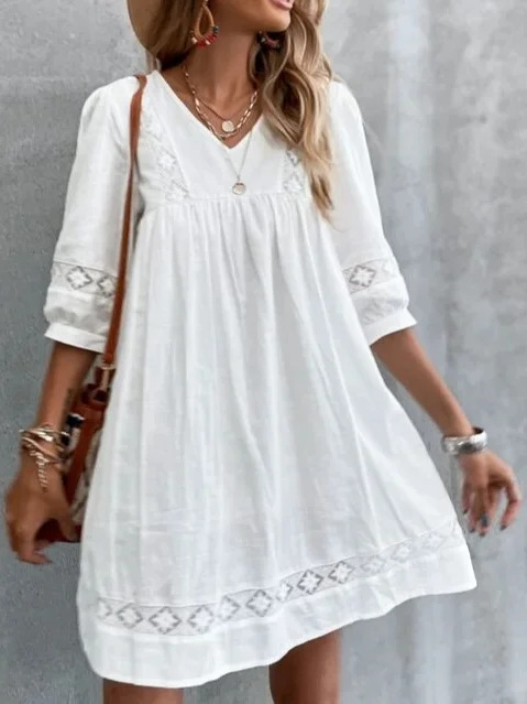 Cotton Fabric Type Mid Waist Waist Line Holiday Occasion V Neck Neckline Loose Version Wholesale Women'S Vacation Lace Solid Color Holiday V Neck Half Sleeve White Dress