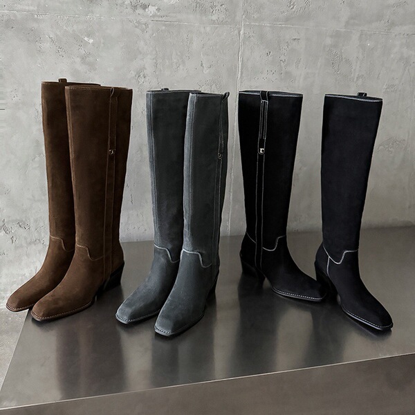 Demi-season retro suede fashionable high boots square toe heels