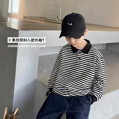 Children's Autumn Long-Sleeve Polo Shirt Black and White Striped Korean Version Top for Boys and Girls Base Layer for Middle and Large Children