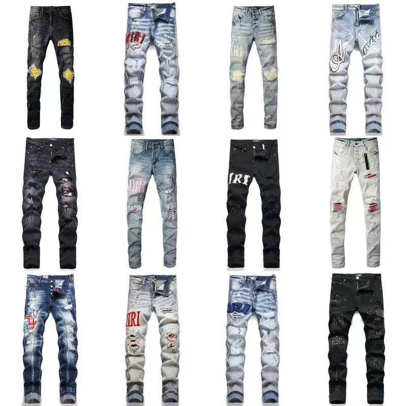 Light Luxury Am High Version Men's Jeans Spring Splash Ink Slim Fit Small Feet Printed Trendy Brand Graffiti Fake Ripped Elastic Patches