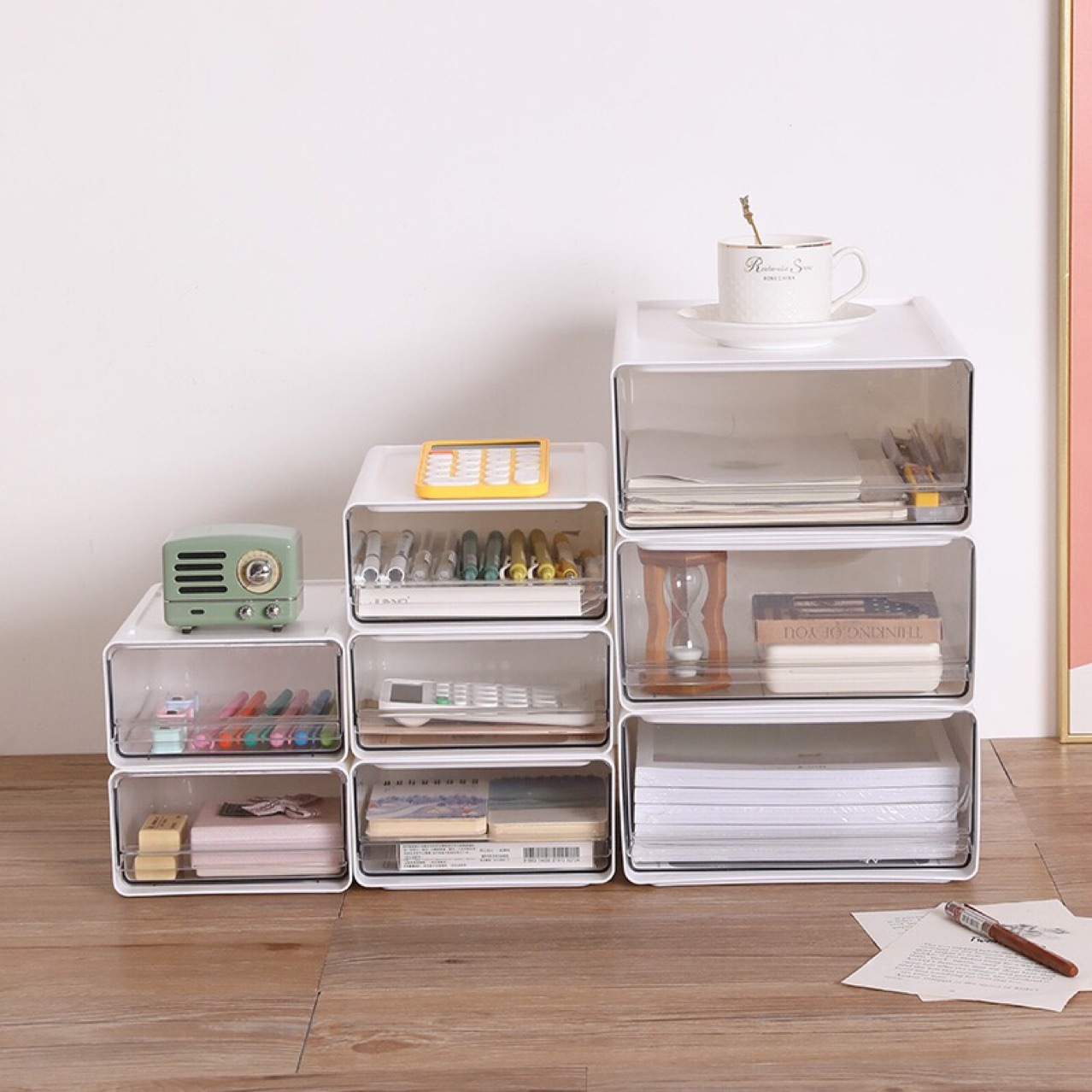 Desktop Transparent Storage Box Drawer Type Office File Storage Storage Box Bedroom Study Stacking Combination Storage Cabinet