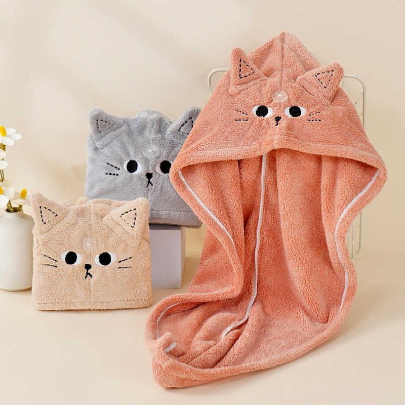 Gatto dalle orecchie a punta, pile di corallo asciutto, assorbente d'acqua, fascia per la testa spessa, cuffia da bagno ricamata, asciugamano per capelli, super_voghion.com