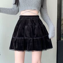 丝绒蕾丝A字裙现货秋冬新款显瘦丝绒韩版短裙半身裙女生