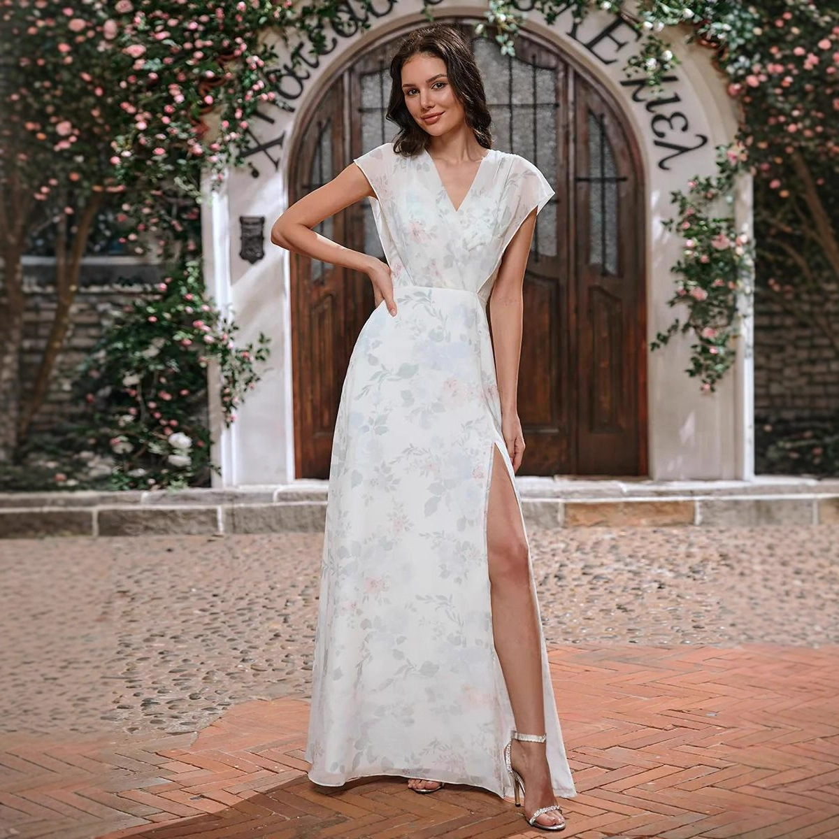 European and American Floral Slit V Neck Waist Slimming Look Dress Amazon Cross-Border Dance Long Evening Dress Long Skirt for Women